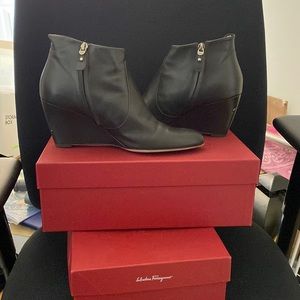 Used 2 1/2 inch wedge dark brown Salvatore Ferragamo ankle boot